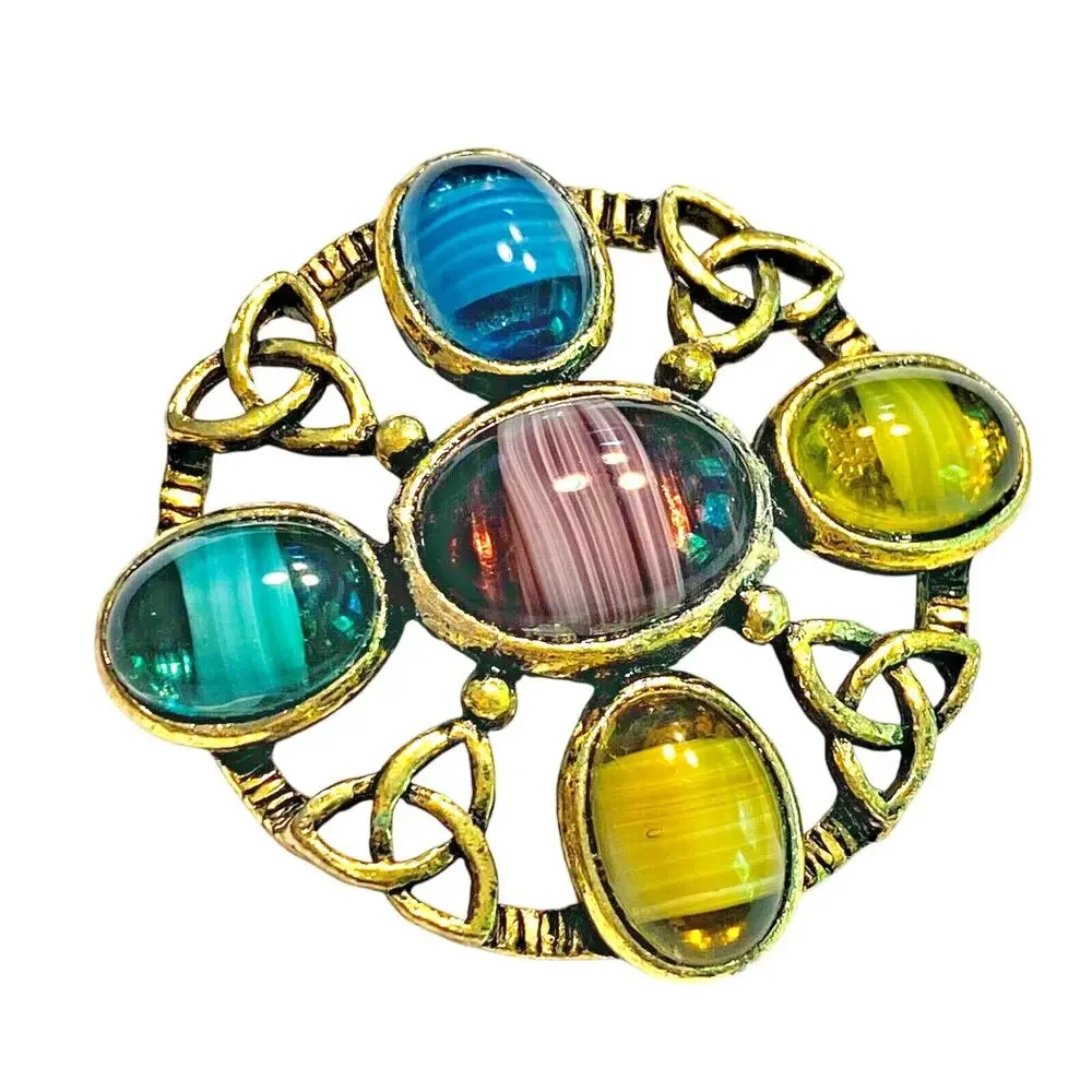 Vintage Brooch Celtic design goldtone pin blue purple yellow green stones oval